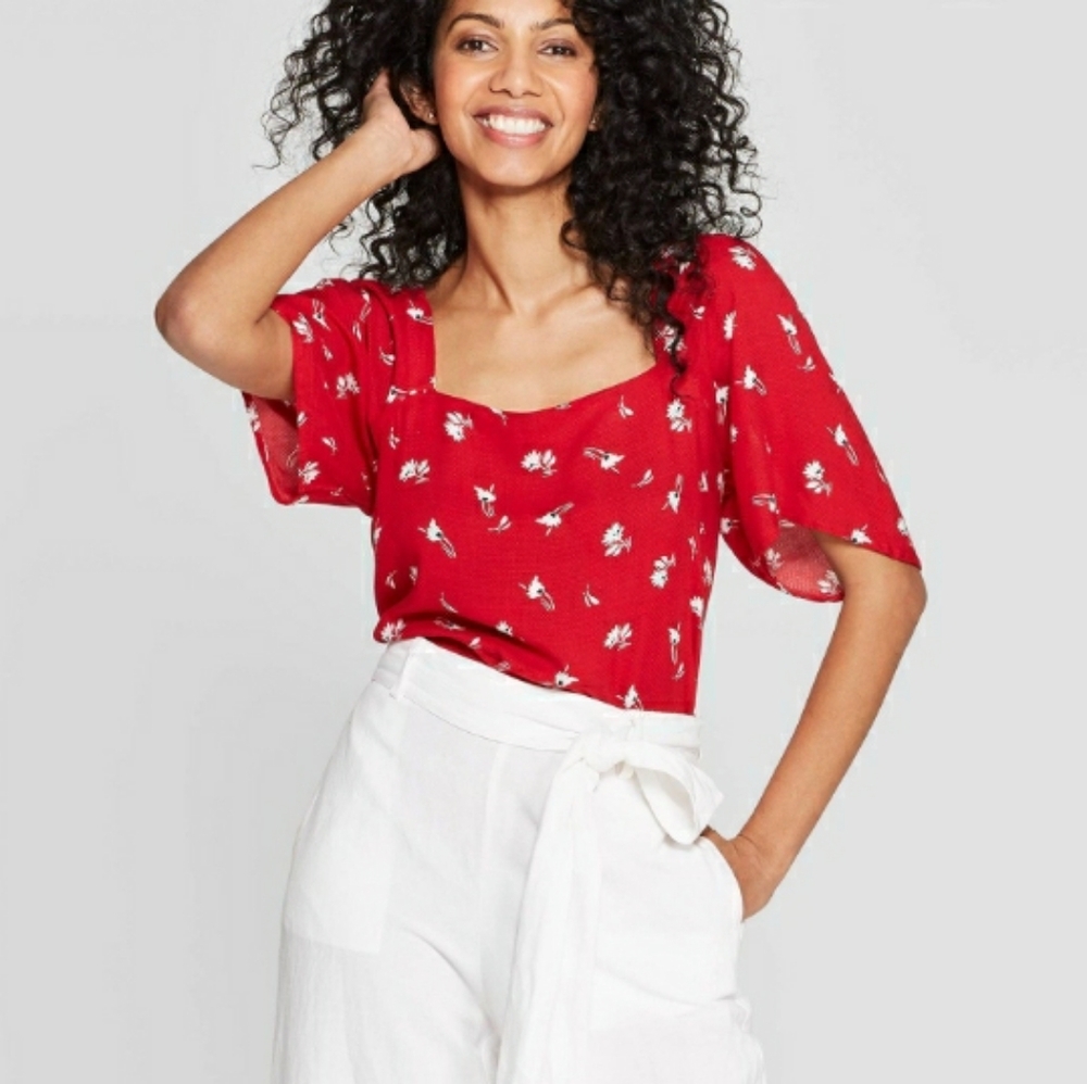 *NEW! SQUARE NECK RED SHORT SLEEVE FLORAL PRINT CASUAL TOP SIZE XS